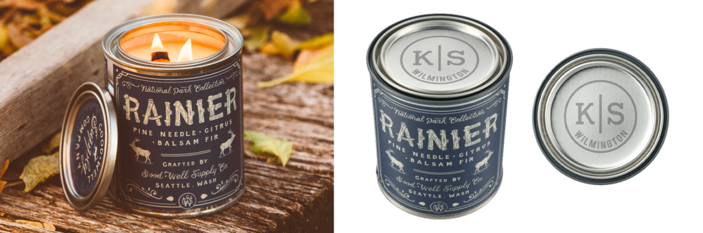 On the left, a lifestyle image of the Rainier candle burning with an outdoor scene behind it. In the middle, an image of the candle with the lid on it. On the right, a detail shot of the lid, showing where the imprint of the logo will go.