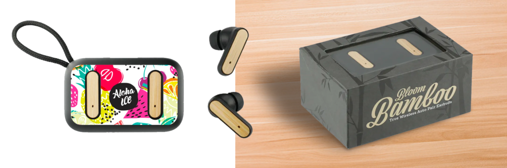 On the left, an image of the outside of the wireless earbud case with a vibrant full color design. In the middle, images of the earbuds made partially with bamboo. On the right, an image of the packaging that the earbuds come in on a wood background.