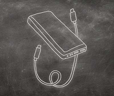 Chalkboard drawing of a power bank with a charging cable