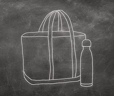 Chalkboard drawing of a tote bag with a water bottle