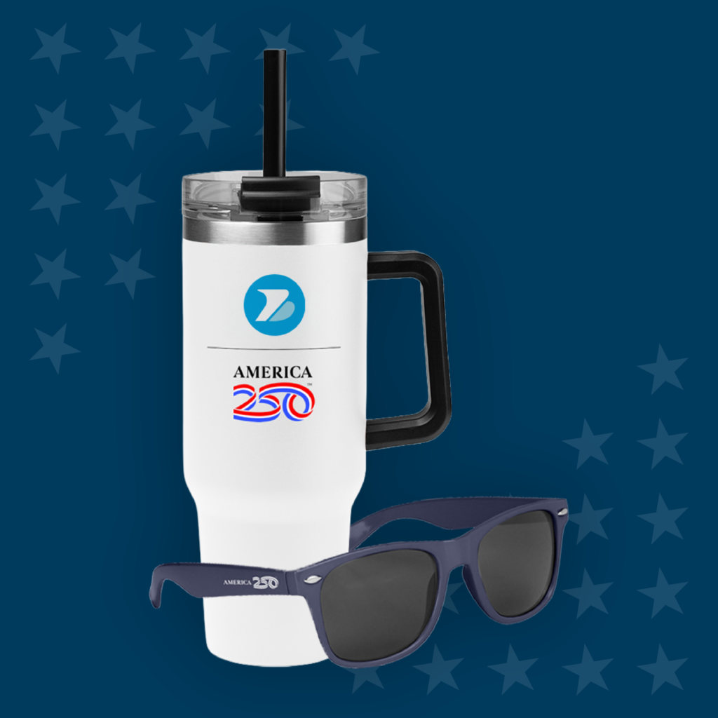 America 250 branded insulated tumbler and navy sunglasses on star-patterned background — patriotic branded merchandise for summer 2026