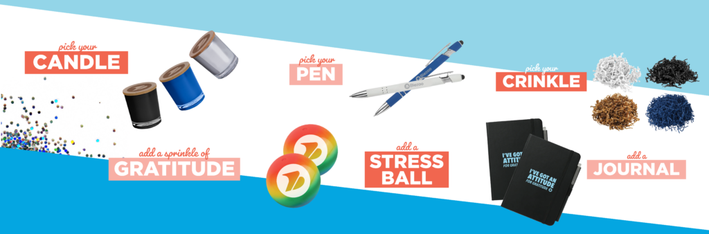 Branded graphic showing a curated kitting station menu with product options: pick your Candle, pick your Pen, Crinkle, add a sprinkle of Gratitude, add a Stress Ball, and add a Journal, displayed against a light blue background