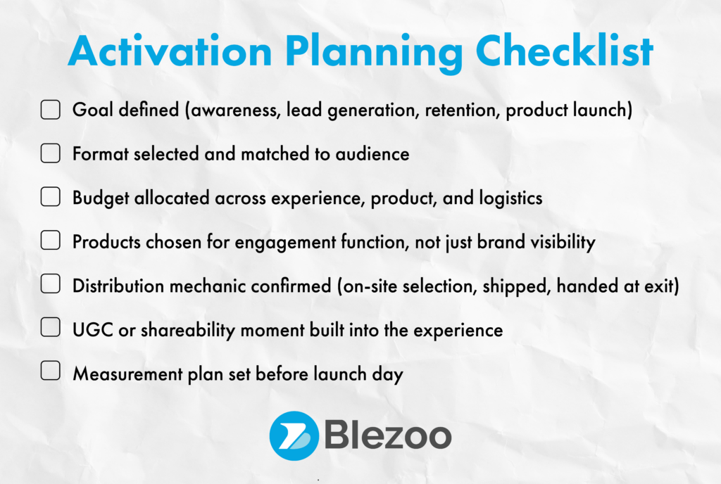 Brand Activation Planning Checklist infographic listing seven items: goal defined, format selected and matched to audience, budget allocated across experience, product, and logistics, products chosen for engagement function not just brand visibility, distribution mechanic confirmed, UGC or shareability moment built into the experience, and measurement plan set before launch day