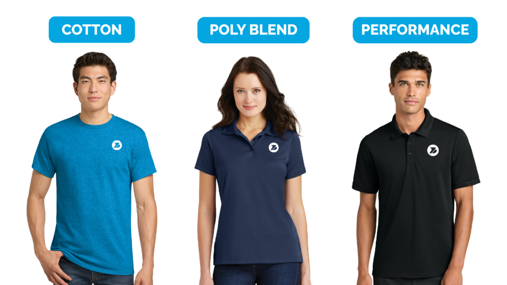Comparison of custom business apparel fabric types: cotton t-shirt, poly blend polo, and performance moisture-wicking shirt for branded company uniforms