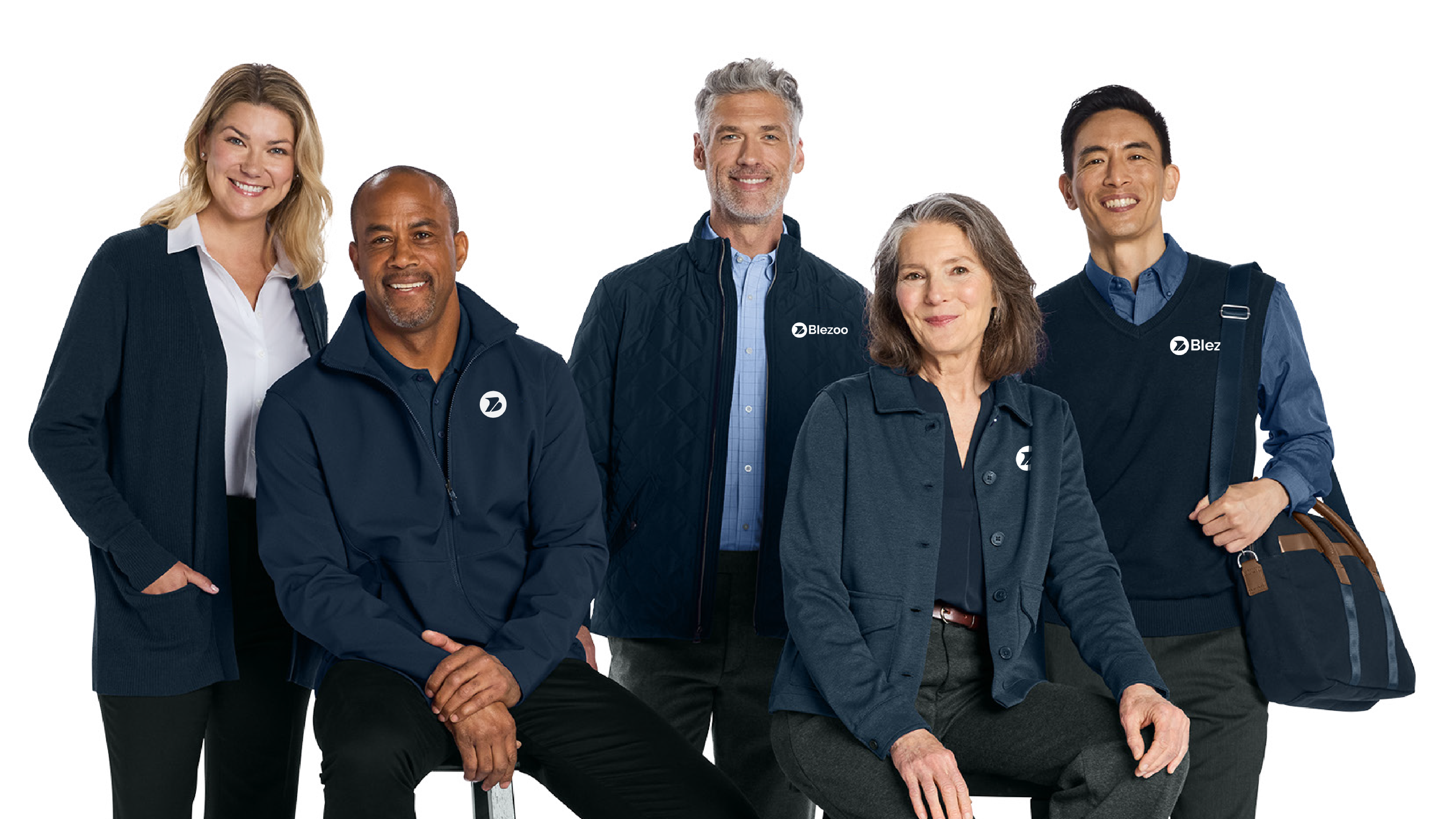 Team wearing custom branded company apparel — professional corporate uniforms and promotional wearables for businesses